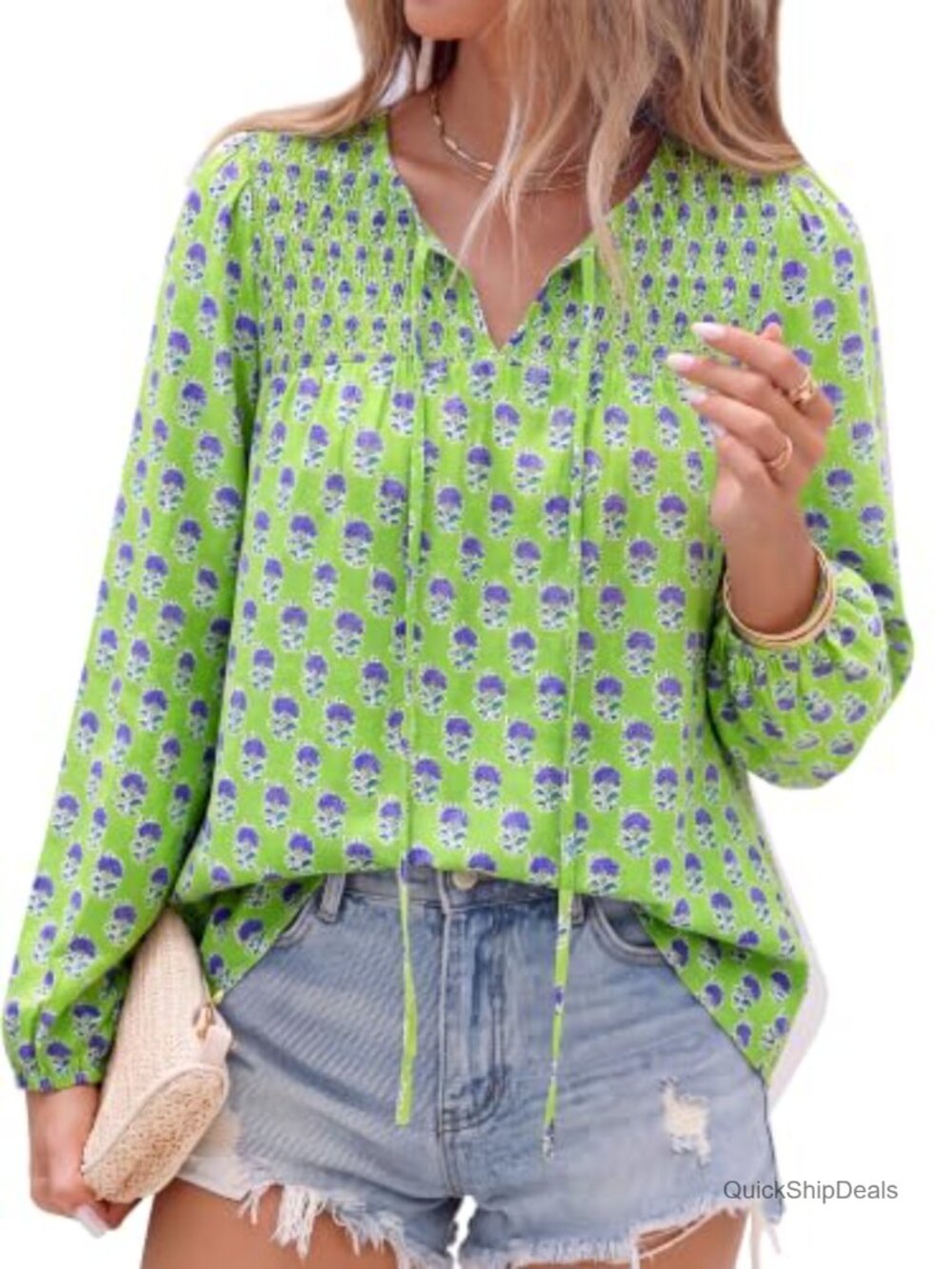 Womens Boho Peasant Blouse V Neck Floral Tie Front Long Sleeve Fall Top